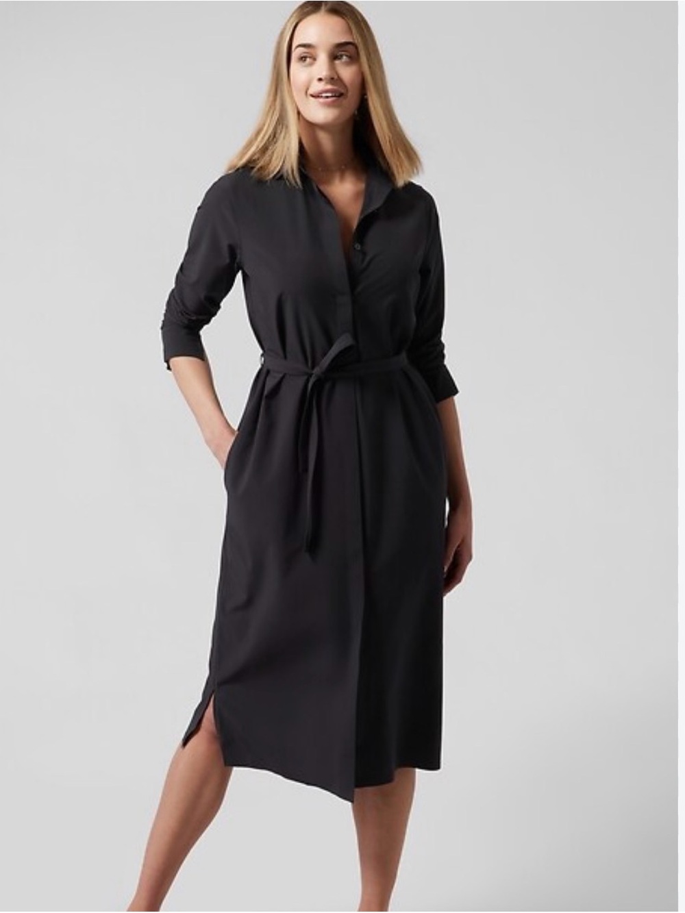 Athleta Black Button-Front Midi Shirt Dress with Self-Tie Belt